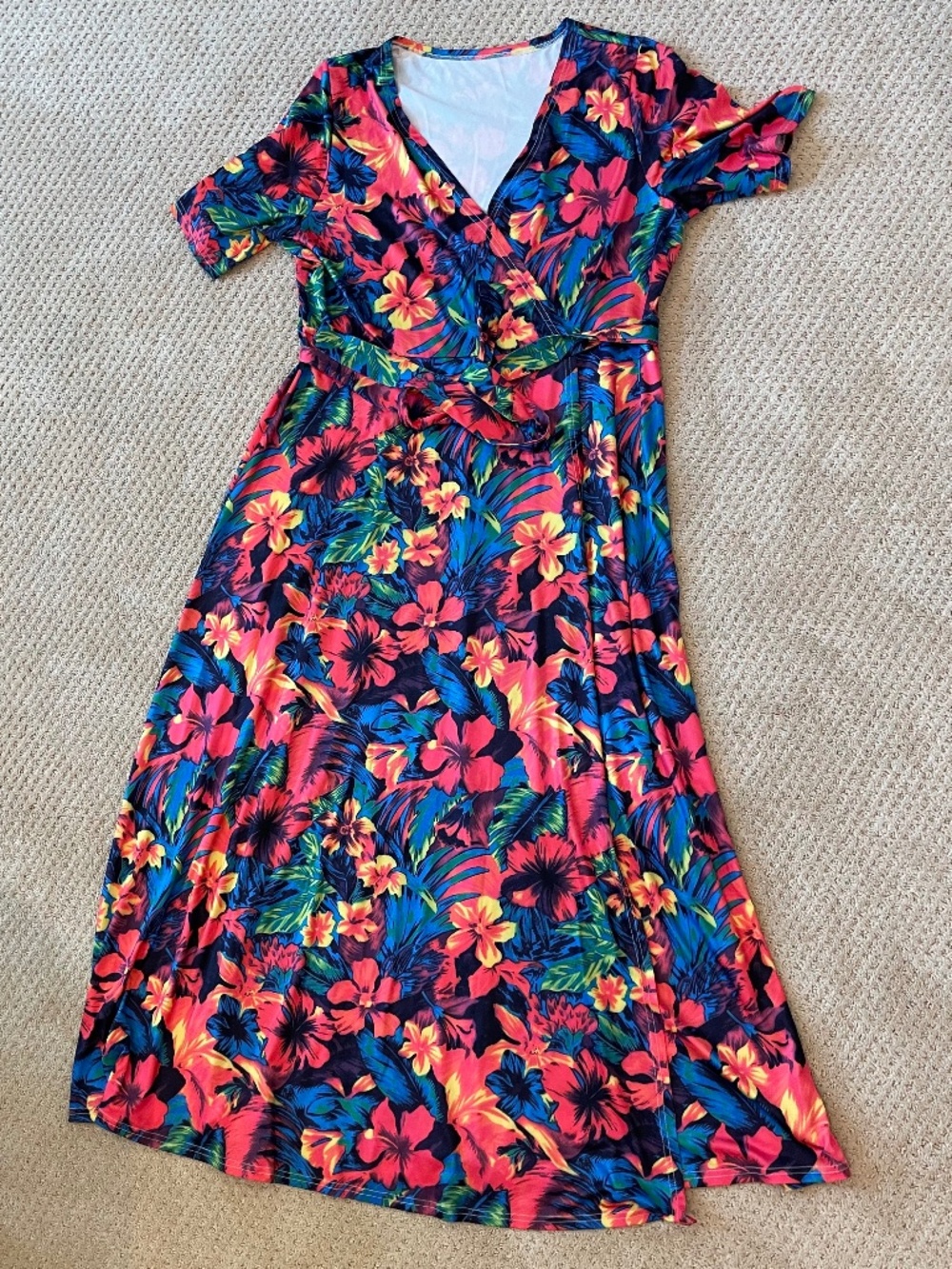 Tropical Floral Faux Wrap Maxi Dress 3XL Pockets Stretchy Blue